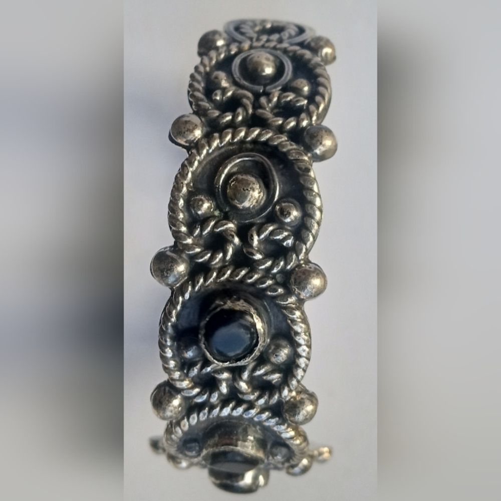Southwest Mexico 925 Sterling Silver Onyx Cuff Vintage Bracelet - Picture 5 of 12